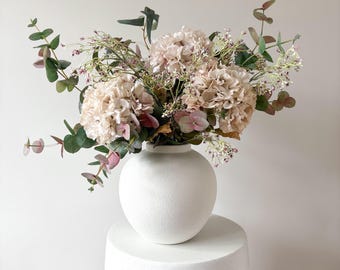 Artificial Flower Arrangement Beige Hydrangea Eucalyptus | Neutral Faux Flower Bouquet | Autumn Home Decor | Rustic Floral Arrangement