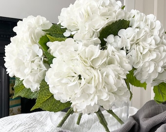 Set of 6 White Artificial Hydrangeas (53cm) - Real Touch Faux Stems, Large Realistic Flowers For Wedding & Home Decor