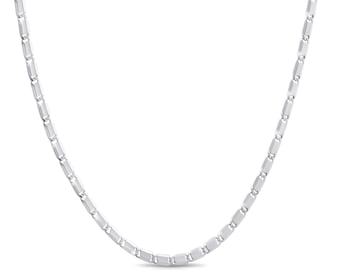 May include: A silver chain necklace with a box chain design.