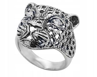 Zilveren zegelring, Panter, 925 zilver, Ring met zirkonen, Opengewerkte ring, Panterring, Mooi, Voor een cadeau, Black Panther