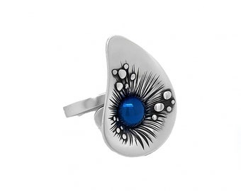 Zilveren Ring Dauwdruppels Met Blauw Gepolijst Titanium Verstelbare Grootte Sieraden Handgemaakt Zilver 925
