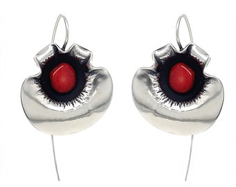 Silver earrings frill with a red coral handmade jewelry polished sterling silver 925