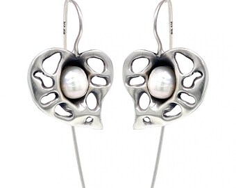 Pendientes de plata filodendro con perla natural plata pr. 925 planta tropical de flor tropical