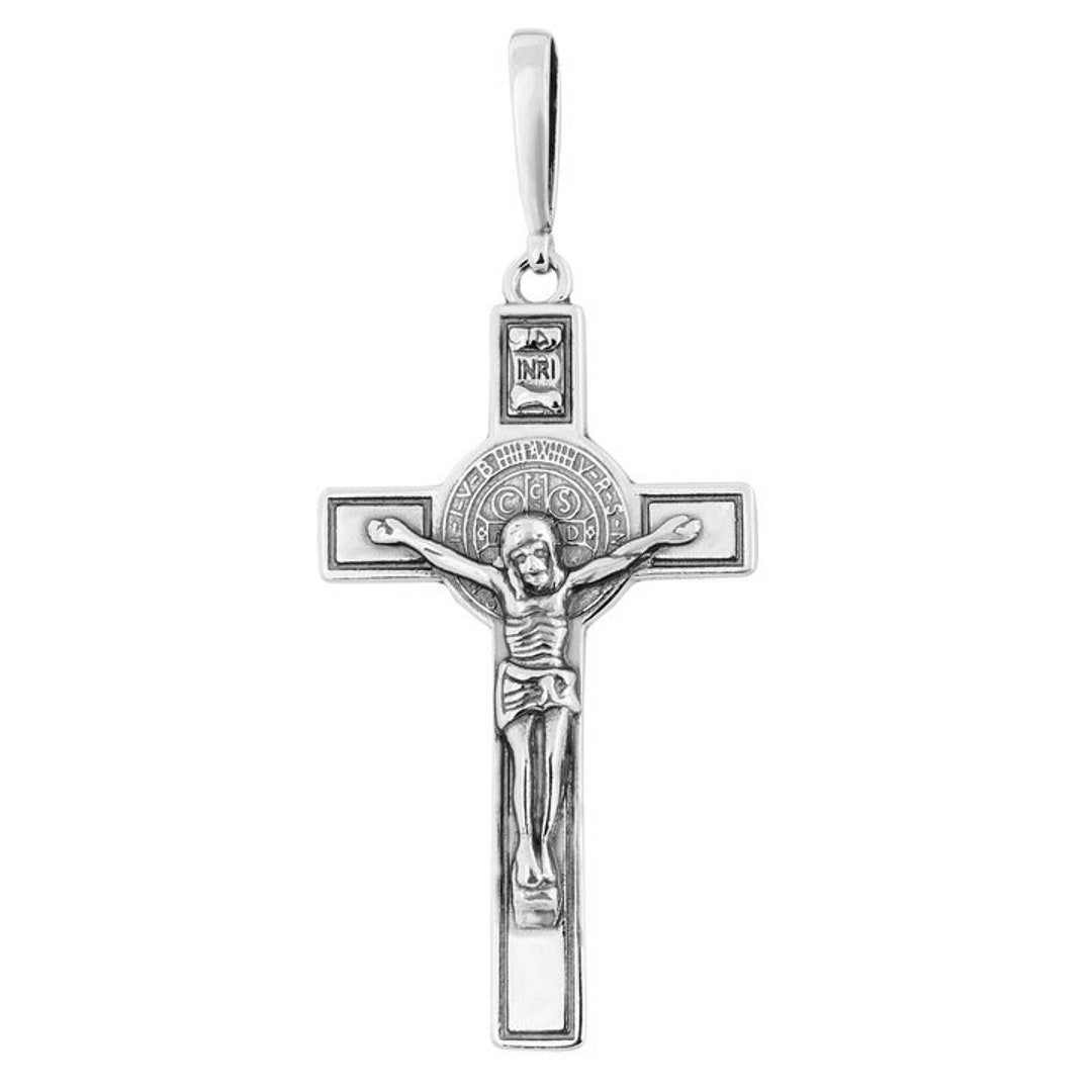 Sterling Silver St. Benedict Crucifix Pendant: Catholic Necklace - Etsy