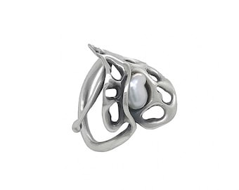 Philodendron Blumenblatt Ring mit Perle einzigartige handgefertigte Sterling Silber 925