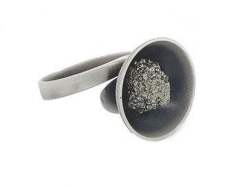 Silver Pyrite Ring, 925 Artistic Jewelry, Satin Oxidized Finish, Unique Gift for Her, Raw Stone Statement Ring, Adjustable Size