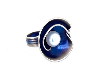 Ring with Pearl Blue Enamel - Sterling Silver 925