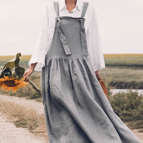Linen Pinafore Dress in Boho Style,  Loose Oversized Strap Summer Apron,  100% Premium Flax
