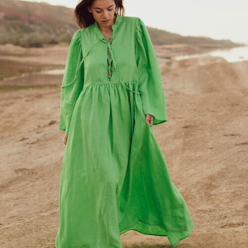 bright green linen dress Womens Love & Roses x RHS Bright Green Floral Linen Puff Sleeve Midi Dress US 10