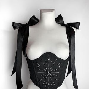 embroidered cupless corset, celestial corset belt, underbust corset, goth corset top, black renaissance corset, corset wedding dress