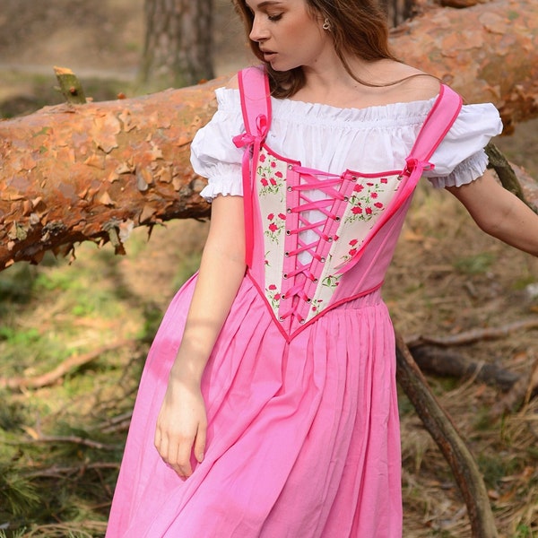 medieval fairycore dress, corset fantasy dress, renaissance pink dress, wedding guest witchy dress, cottagecore dress, festival wear