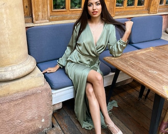 olive green silk robe