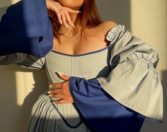 abito medievale, abito da sposa rinascimentale blu, abito con corsetto, abito vittoriano fantasy, abito da sposa unico su misura, abito da sposa fantasy