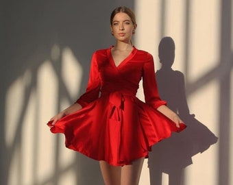 red silk dress long sleeve