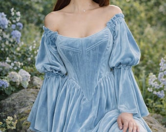 abito rinascimentale in velluto, abito da sposa blu, abito da sposa fantasy medievale, abito da sposa con corsetto, abito da favola, abito da sposa da fata