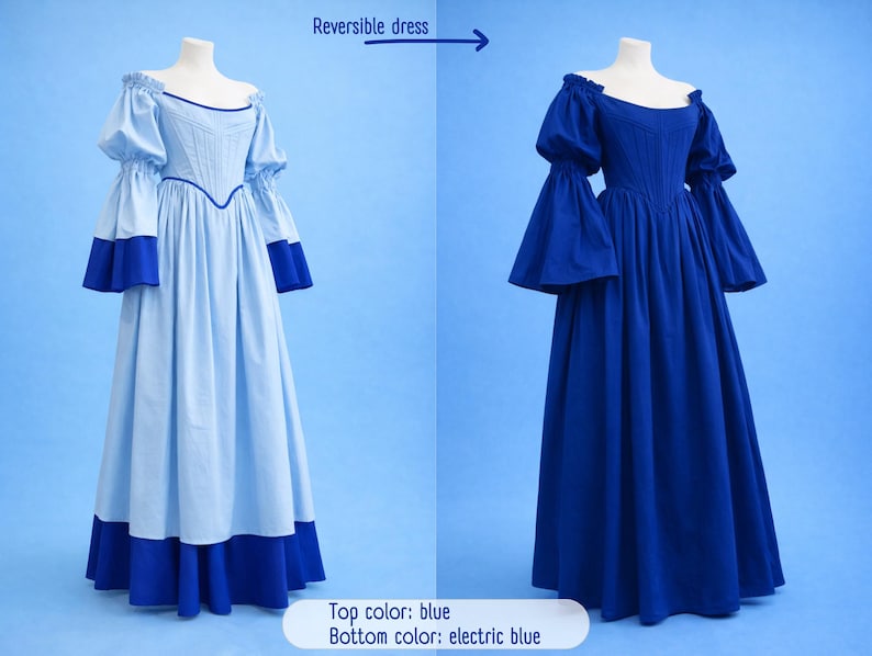 reversible renaissance dress, renfaire dress, medieval victorian dress, fairy blue wedding dress, bride dress, plus size, corset dress image 2