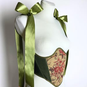 reversible cupless corset, underbust corset belt, green renaissance corset, tapestry corset, ren faire corset, plus size corset