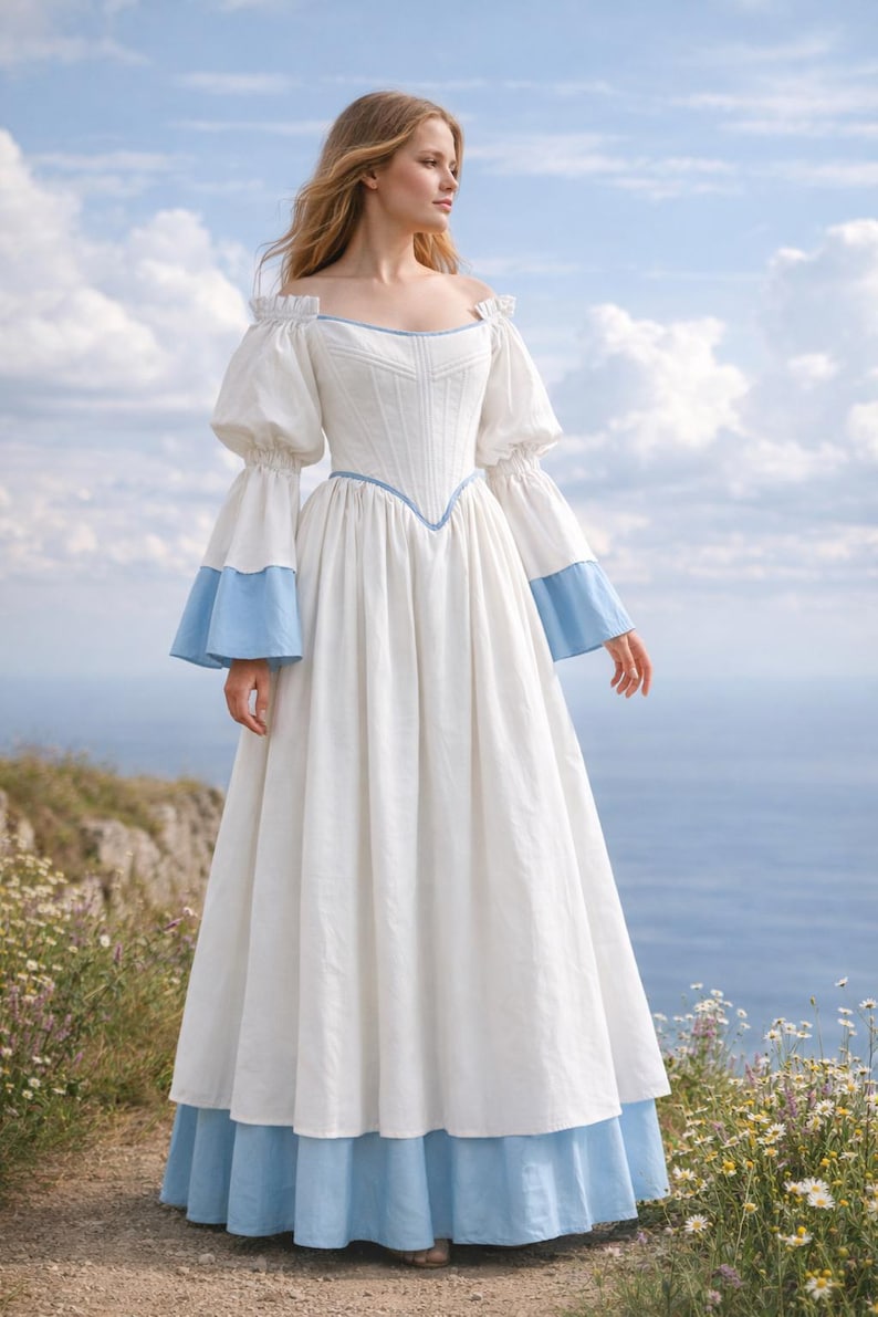 reversible renaissance dress, renfaire dress, medieval victorian dress, fairy blue wedding dress, bride dress, plus size, corset dress image 17