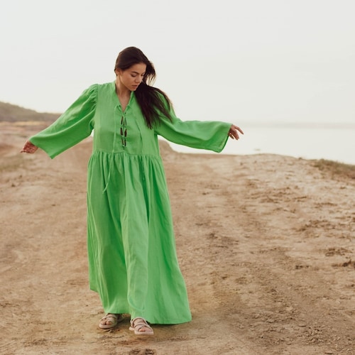 bright green linen dress Naha Linen Bright Green Linen Mini Dress