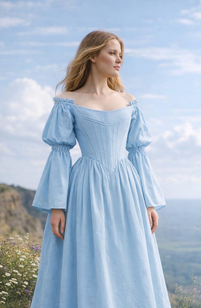 reversible renaissance dress, renfaire dress, medieval victorian dress, fairy blue wedding dress, bride dress, plus size, corset dress image 18