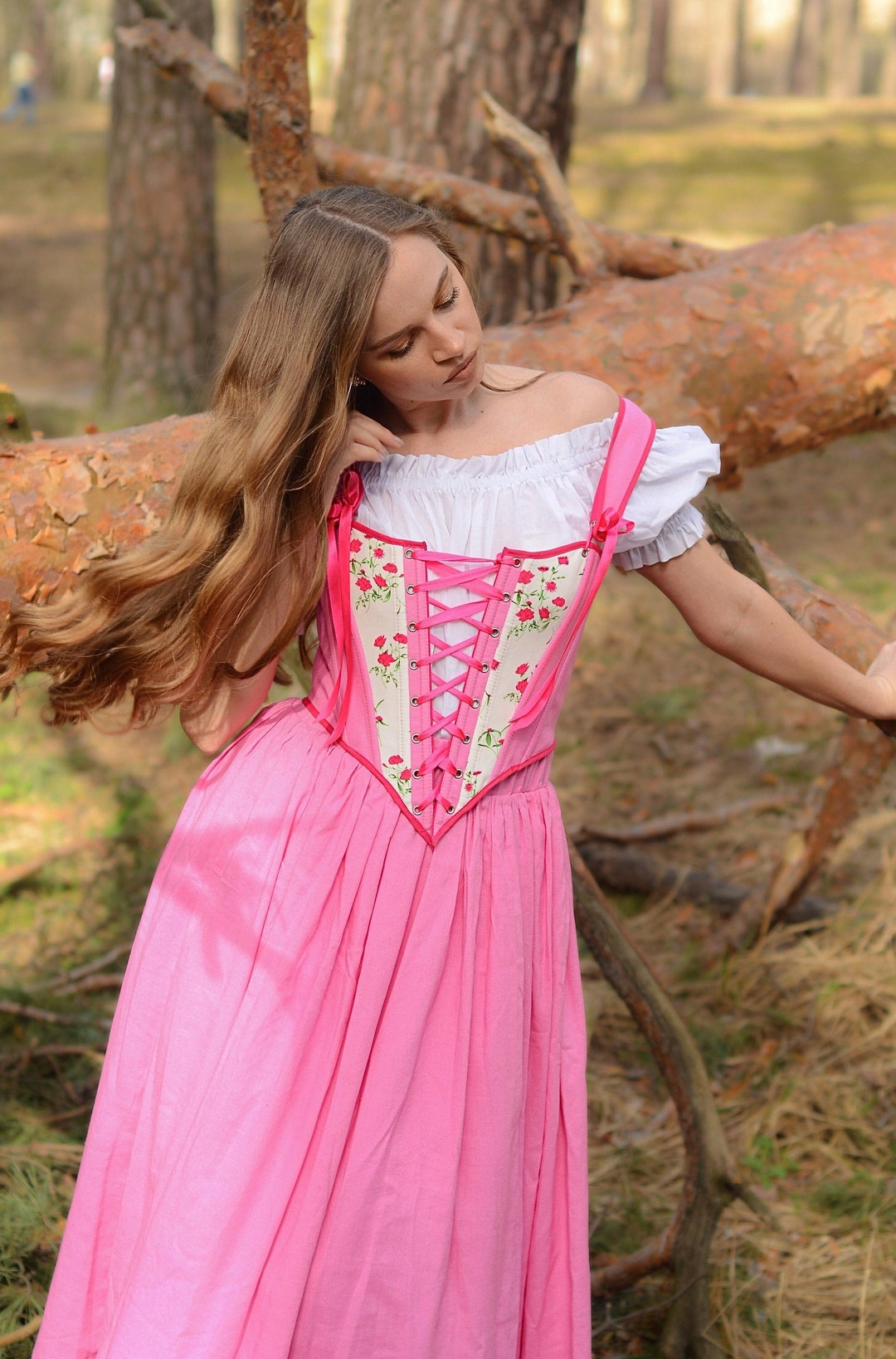Pink Corset Dress, Renaissance Linen Dress, Princess Waist Cottagecore ...