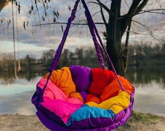 Swing Chair for Kids, Hanging Swing Chair – Hammock Swing with Soft Cushions – Patio or Garden Swing – Cozy Seat for Relaxation Rainbow