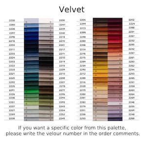 May include: A color chart of 50 different velvet fabric swatches. The swatches are arranged in rows and columns, with each swatch labeled with a number. The numbers range from 2200 to 2299. The colors of the swatches range from light to dark, and from cool to warm.