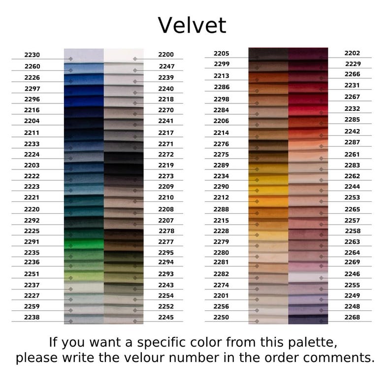 May include: A color chart of 50 different velvet fabric swatches. The swatches are arranged in rows and columns, with each swatch labeled with a number. The numbers range from 2200 to 2299. The colors of the swatches range from light to dark, and from cool to warm.