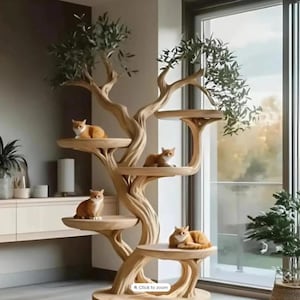 手作りギフト 猫用 素朴な無垢材 キャットツリースタンド ナチュラル 天然木製 キャットスタンド 大型猫用 モダンなキャット家具