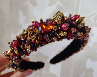 Autumm red and brown embellished headband Beaded Jeweled headbands for women Gold green and brown crystal tiara
