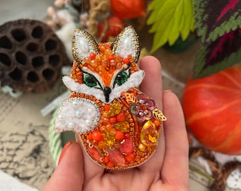 Red Fox Embroidered Brooch Animal Beaded brooch