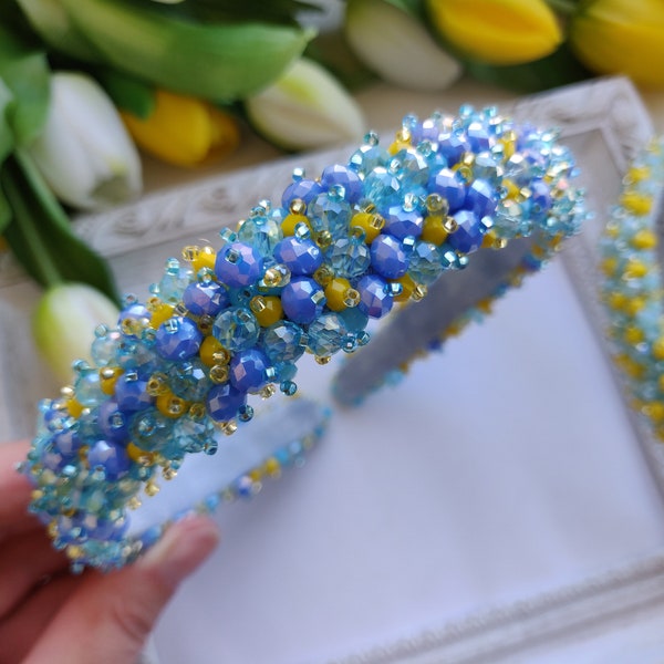 Blue yellow headband, Ukrainian headband,Blue yellow crystal crown,Ukrainian headpiece,Ukraine flag headband,Support Ukraine,Ukrainian style