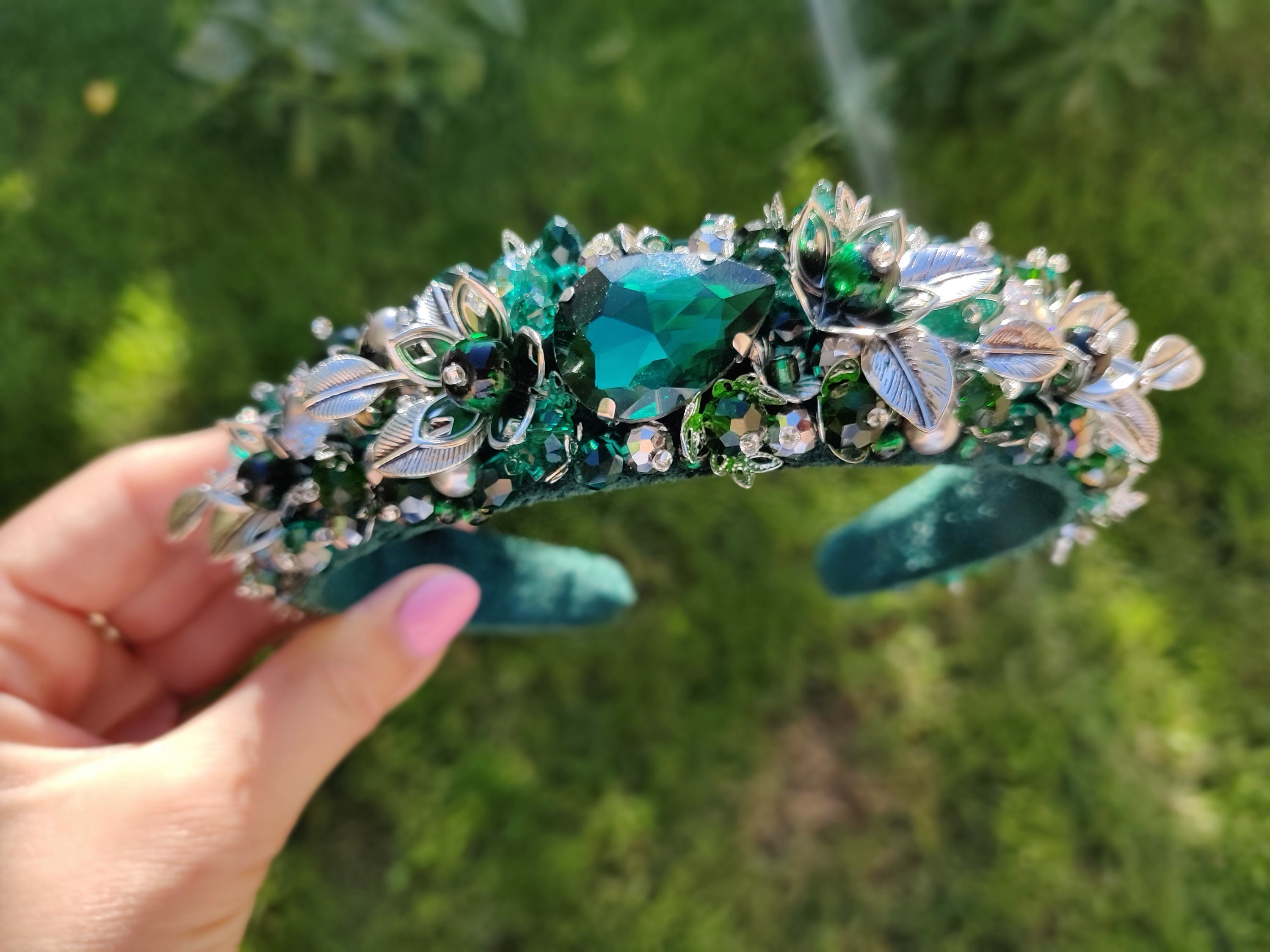 Jeweled headband Beaded headbands for women Emerald silver Etsy