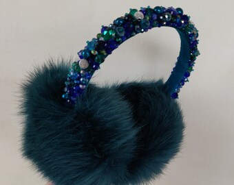 Winter blue green earmuffs with crystals, Girls Earmuffs,Winter Accessories, Gift for Her, Ear Flaps, Christmas gift, Girl Ear Muffs