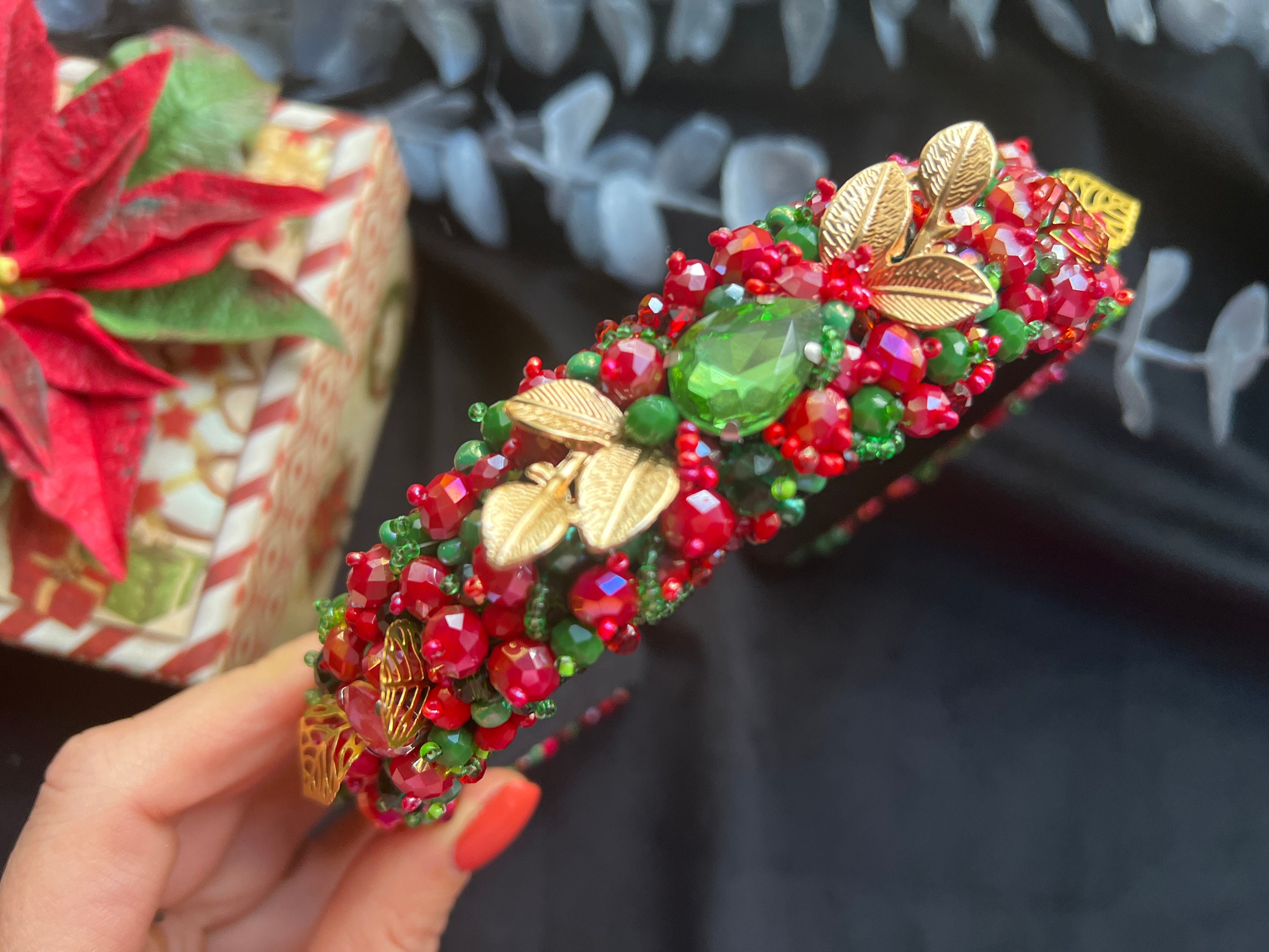 Elegant Green and Red Crystal Headband Amazon.com : Christmas Headband for Women Pearl Knotted  main image 4