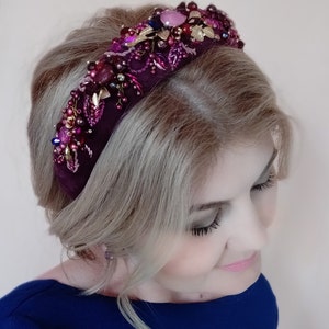 Burgundy crystal headband Beaded headbands for women Padded Jeweled hairband  jeweled headpiece tiara Embellishment statement headband