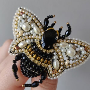 Bee beaded brooch pin, embroidered fly insect brooch