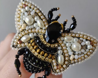 Bee beaded brooch pin, embroidered fly insect brooch