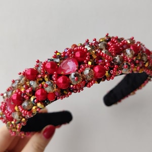 Red dolce headband Valentin day beaded headband Red jeweled headband for women