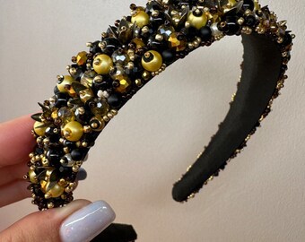 Black and gold beaded headband,  Black crystal tiara Baroque headband Hair accessories