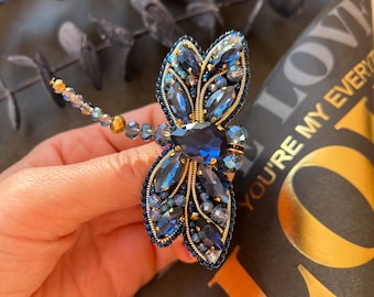 Beaded sapphire christmas dragonfly, Brooch Pin Insect Brooch pin, Embroidery brooch, Rhinestone Dragonfly, Crystal dragonfly pin