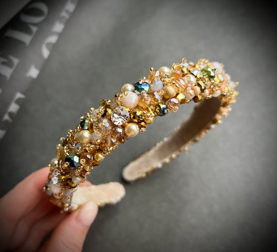 Luxurious Gold Beaded Headband Gold Sparkly Headband | Wide Beaded Hair Band | QueenMee  main image 4