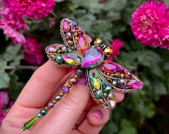 Dragonfly brooch, dragonfly pin, beaded pin, embroidered brooch, rhinestone brooch, butterfly jewelry, dragonfly pendant, crystal brooch