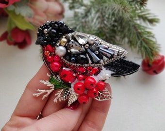 Bullfinch brooch - Bead embroidered brooch - Red Bird brooch - Winters bird gifts