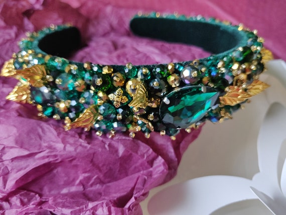 Jeweled Headband Beaded Headbands for Women Emerald Crystal  display picture 1