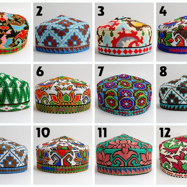Cappelli di medie dimensioni Cappelli Kufi Ricami fatti a mano Uzbekistan Doppi Copricapo tradizionale musulmano dell'Asia centrale Regalo di stile islamico uomo donna