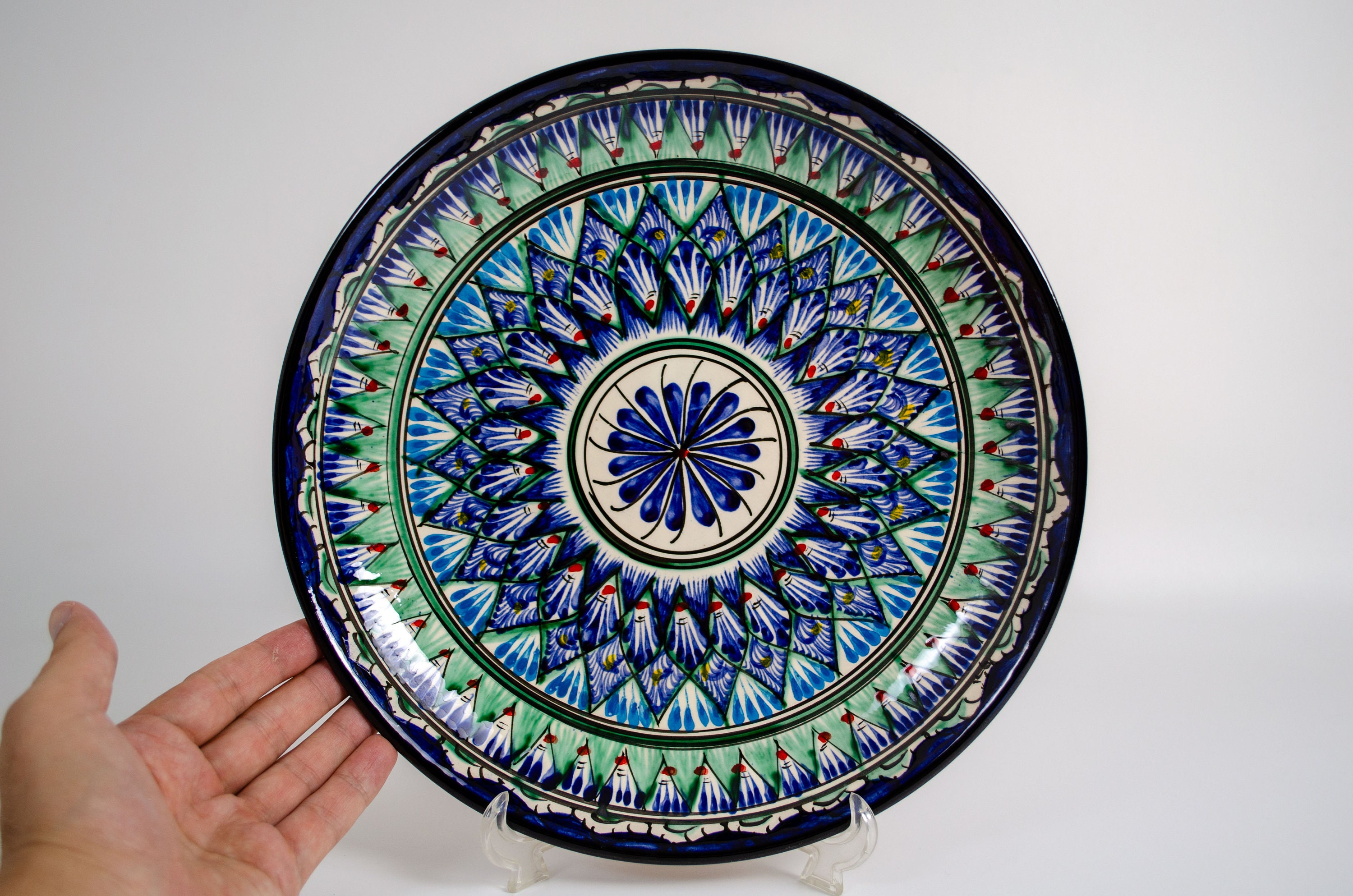 Large Hand-Painted Uzbek Ceramic Plate | Unique Traditional Fergana Design | Handmade Rishtan Lagan for Pilav Fergana Ceramics for SALE