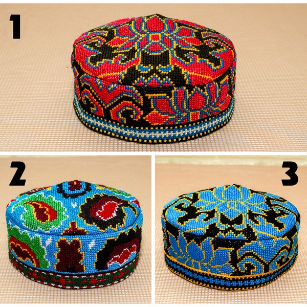Elija niños Gorra de sombrero para niños pequeños Kufi Bordado hecho a mano Uzbekistán Doppi Sombrero tradicional de Asia Central Tocado estilo boho regalo rojo azul