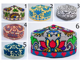 Gorro uzbeko Doppi para hombres y mujeres - Sombrero tradicional uzbeko kufi Abrazo Hecho a mano en la cultura de Uzbekistán Pieza de historia