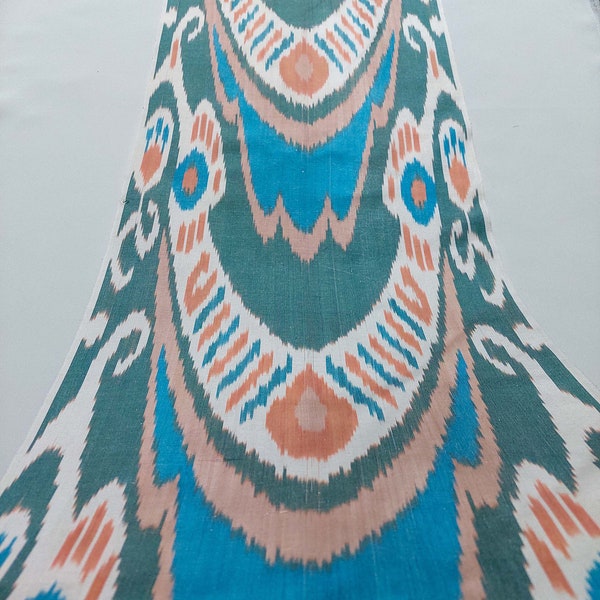 Silk Blue Orange ikat fabric by the yard handmade Uzbek cotton textile Lampshades Upholstery Home Oriental Central Asian Bukhara Samarkand